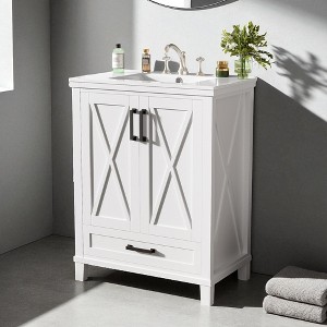24" Bathroom Vanity with Sink, Freestanding Solid Wood Frame Cabinet with 2 Soft-Close Doors, 1 Drawer & Shelves, Modern Storage for Bathroom - 1 of 4