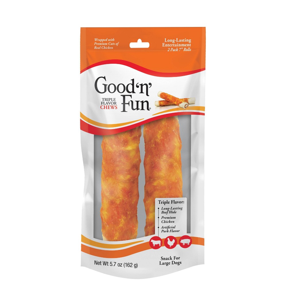 Photos - Dog Food Good 'n' Fun Large Triple Flavored Pork, Beef and Chicken Wrapped Roll Rawhide Dog Treats - 2ct