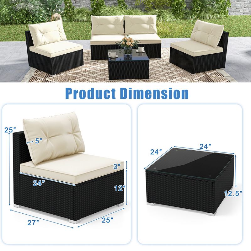 Costway 5 Pieces Outdoor Furniture Set with Seat & Back Cushions Tempered Glass Tabletop, 3 of 11