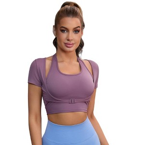 INSPIRE CHIC Women's Halter Neck Short Sleeve Workout Crop Front Closure Slim Fit Fitness T Shirt - 1 of 4