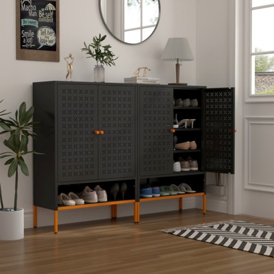 SKRAN Double Door Shoe Cabinet,3 Adjustable Compartments for Storage,Suspended Shoe Changing Compartment,Bottom 15cm Moisture-proof High Foot