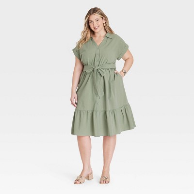 Women's Short Sleeve Tiered Midi Shirtdress - Ava & Viv™ Green 3X