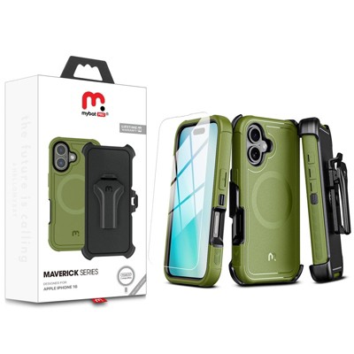MyBat Pro Maverick Series MagSafe Case w/ Holster and Tempered Glass for Apple iPhone 16 - Army Green