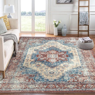 Rugs for Living Room Washable Rug Anti-Slip Low Pile Thin Rugs for Bedroom Vintage Floral Accent Carpet Oriental Distressed Floor