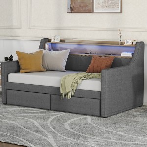 Gulches Twin Size Daybed with Storage Drawers, Upholstered Daybed with Charging Station and LED Lights, Gray - 1 of 4