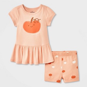 Baby Girls' 2pc Smiling Pumpkin Peplum T-Shirt and Bike Shorts Set - Cat & Jack™ Peach Orange - 1 of 4