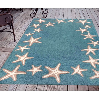 Aqua Starfish Border Hand-Tufted Indoor/Outdoor Rug 42"x66"