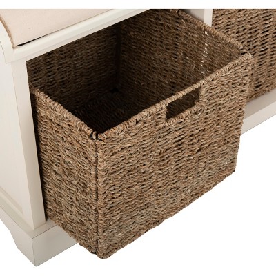 White Pine Storage Bench with Wicker Baskets and Cushion