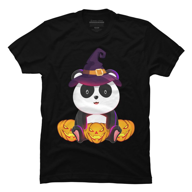 Men's Design By Humans Cute Panda Mock up Witch With Jack O Lantern Halloween T-Shirt By thebeardstudio T-Shirt, 1 of 5