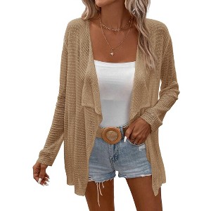 Womens Lightweight Crochet Cardigan Sweater Rib Knit Open Front Mesh Cardigan Sweater Coats - 1 of 4