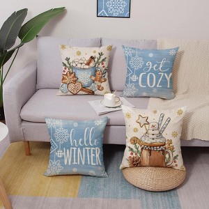 Hello Winter Blue Decorative Throw Pillow Covers 18x18 Set of 4, Get Cozy Hot Cocoa Gingerbread Cookie - 1 of 3