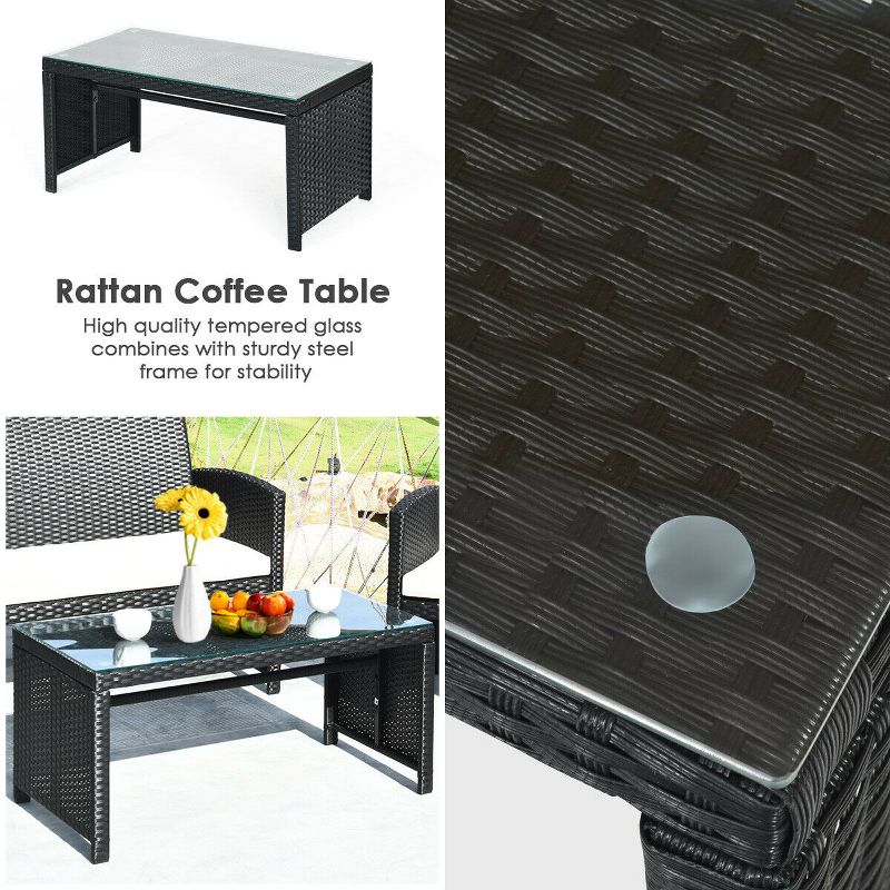 Costway 4PCS Patio Rattan Wicker Furniture Conversation Set Cushioned Sofa Table, 5 of 9