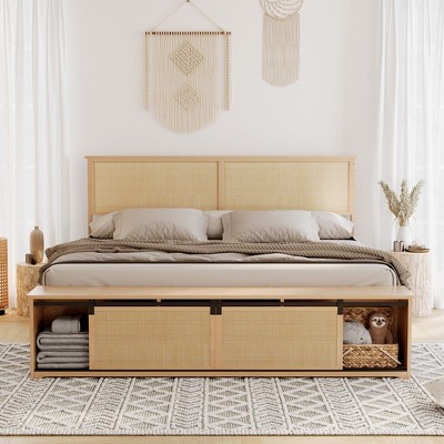 Natural Rattan Bed Frame with Sliding Barn Door Storage Cabinets and Headboard, Boho Farmhouse Wood Platform Bed, No Box Spring Needed