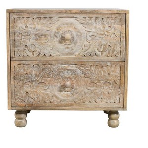 HomeRoots 24" Natural Two Drawer Distressed Carved Floral Solid Wood Nightstand - 1 of 4