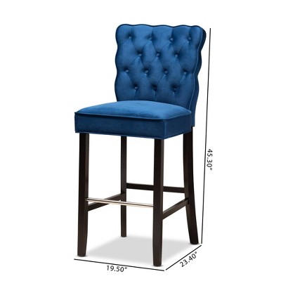 Elegant Navy Blue Velvet & Dark Wood Adjustable Barstool Set