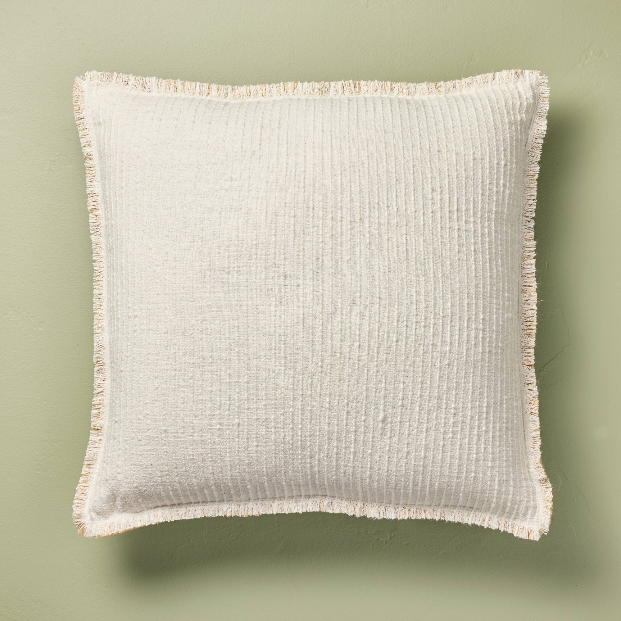 Slub Striped Fringe Square Throw Pillow Sour Cream