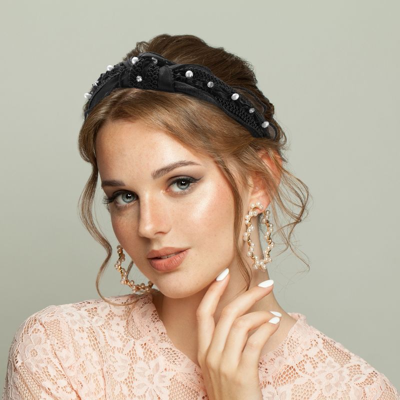 Unique Bargains Women's Rhinestone Faux Pearl Beaded Knotted Headbands Black 1 Pc, 2 of 8