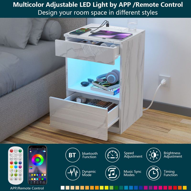 Hommpa 2 Drawers Nightstand Open Shelf with LED light + Charging Station, 2 of 9