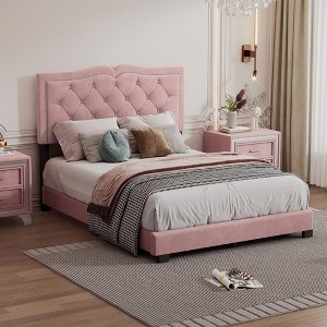 KTMBDW Platform Bed Frame with Tufted Upholstered Headboard and Rivet Design, Wooden Slats Support, No Box Spring Needed - 1 of 4