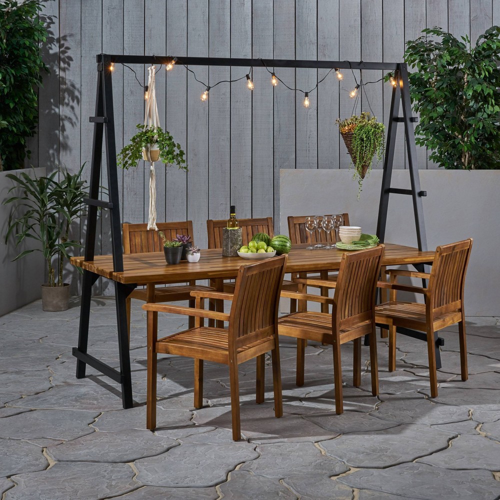 Huckleberry 7pc Acacia Wood and Iron Planter Dining Set Teak Christopher Knight Home