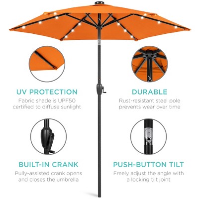 7.5ft Orange Solar Patio Umbrella with LED Lights and Steel Frame