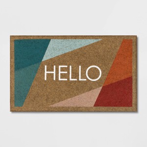 1'6"x2'6" 'Hello' Bright Block Faux Coir Doormat Beige - Room Essentials™: Outdoor Welcome Mat, High Pile, All-Weather - 1 of 4