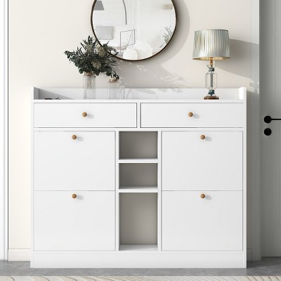 Tipping Bucket Shoe Cabinet With 4 Flip Drawers,2-Tier Shoe Storage Organizer With Drawers,Freestanding Shoe Cabinet For Entryway-Cuddlewood
