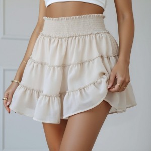 Knit & Lounge Women’s Tiered Ruffle Mini Skirt Smocked Waist Lightweight Flowy Layered Hem Lined with Shorts - 1 of 4
