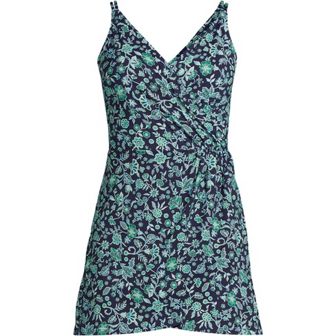 Lands' End Women's Chlorine Resistant Tulip Wrap Swim Dress One Piece  Swimsuit - Small - Navy/Turquoise Ornate Floral