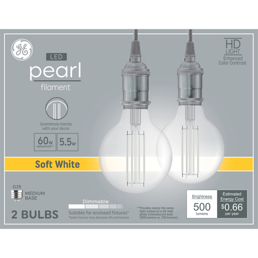 GE 60W LED G25 Pearl RLX CL 2ct Soft White