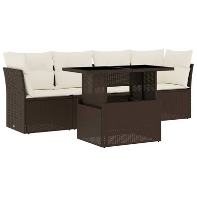 vidaXL 5 Piece Patio Sofa Set with Cushions Brown and Cream Poly Rattan - without storage
