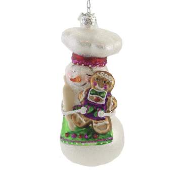 Noble Gems Snowman W/Gingerbread Man  -  One Ornament 5.5 Inches -  Baker Hat Holiday  -  Nb1624  -  Glass  -  White
