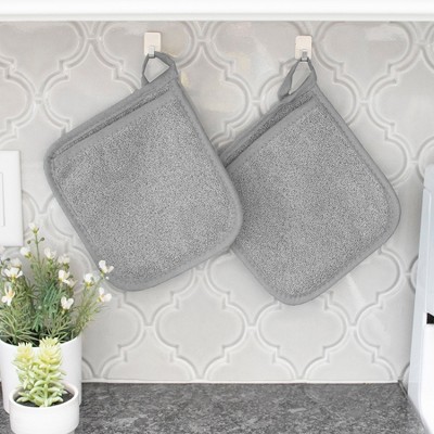 Gray Terry Cloth Cotton Pocket Mitt Pot Holders, Set of Two