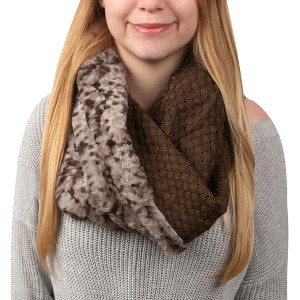 Pavilion Gift Company - Warm  Brown - Weave Knit & Faux Fur Infinity Scarf - Sweaters and Shawls - 1 of 4