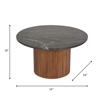 34" Round Brown and Black Wood Marble Coffee Table