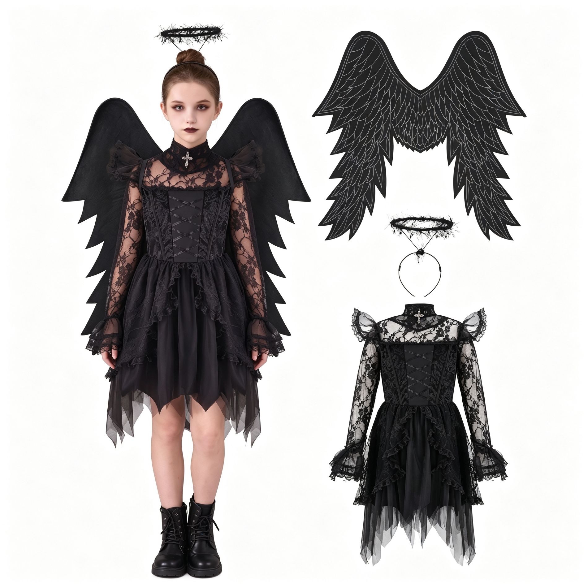 Joyfy Girls Halloween Costume Angel Costume, Kids Angel Costume with Wings &Headband-Angel Costume Set for Girls Halloween Themed Party Cosplay
