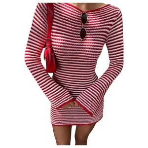 Coolmee Women's Striped Beach Cover Ups  Round Neck Bell Sleeve Slim Fitted  Summer Vacation Outfits Mini Dress - 1 of 4
