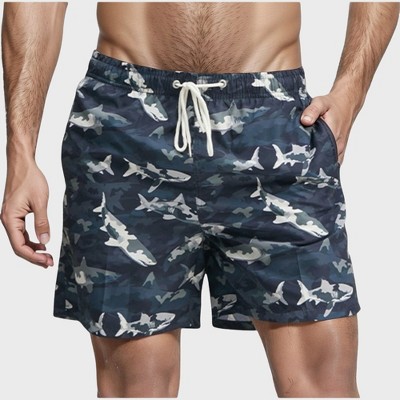 Anna-Kaci Swim Men's Shark Print Swim Trunks with Camouflage Background Drawstring Waistband and Side Pockets