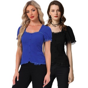 INSPIRE CHIC Women's Square Neck Solid Color Puff Short Sleeve Lace Up Gothic Blouse 2 Packs - 1 of 4