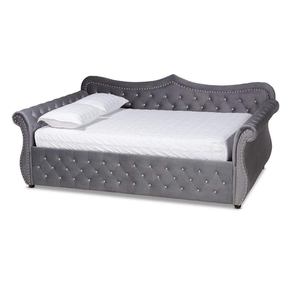 Photos - Bed Frame Full Abbie Velvet Fabric Upholstered Crystal Tufted Daybed Gray - Baxton S