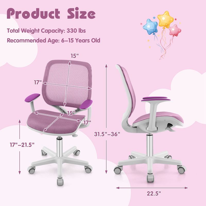 Costway Kids Desk Armchair Swivel Mesh Children Computer Chair with Adjustable Height Blue/Pink/Purple, 3 of 11
