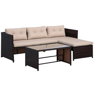 3 Piece Patio Furniture Set, Rattan Outdoor Sofa Set with Chaise Lounge & Loveseat, Soft Cushions, Tempered Glass Table, L-Shaped Sectional Couch - 1 of 4