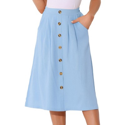 Allegra K Women's High Elastic Waist Button Pleated Linen A-Line Skirts