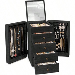 Black Jewelry Box for Women, 5 - Layer Organizer with Mirror 4 Drawers for Rings, Earrings, Necklaces - 1 of 4