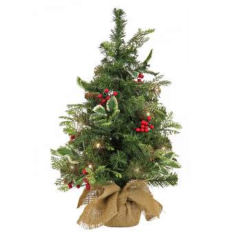 National Tree Company First Traditions 24" Pre-Lit Battery Operated Mixed Tip Holly Berry Table Top Artificial Christmas Tree Clear Lights