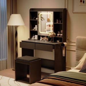 Vanity Desk with Mirror and Lights,Included Padded Stool, Storage Drawers, USB Outlets, Hair Dryer Holder, Adjustable LED Light with 3 Lighting Modes - 1 of 4