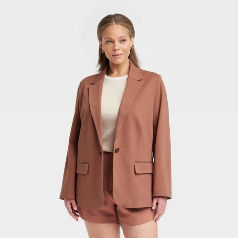 Tan Hip Length Blazer - Ponte Knit Blazer - Blazer with Pockets