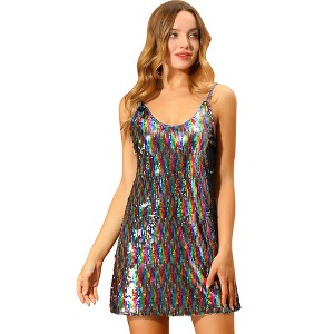 Allegra K Women's Glitter Sequin Spaghetti Strap V Neck Party Cocktail Sparkly Mini Dress - 1 of 4