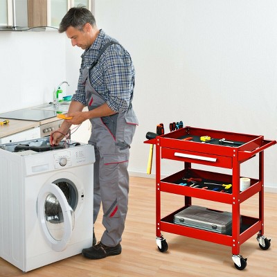 Red Steel Three Tray Rolling Utility Cart with Drawer