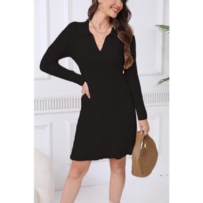 WhizMax Women's 2024 Long Sleeve Mini Sweater Dress V Neck Ribbed Knit A Line Pleated Swing Short Dresses